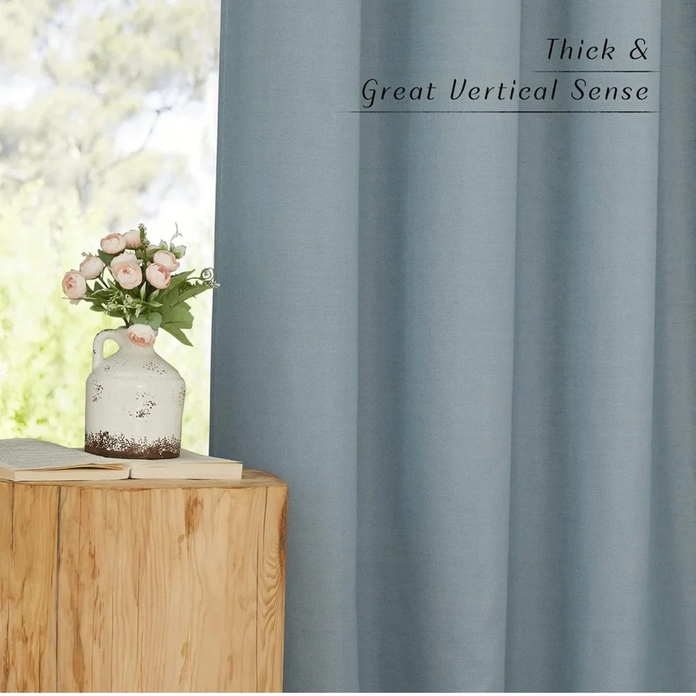 Blue Thick Linen Stone Blue Curtains for Living Room, Back Tab W55 x L84 2 P